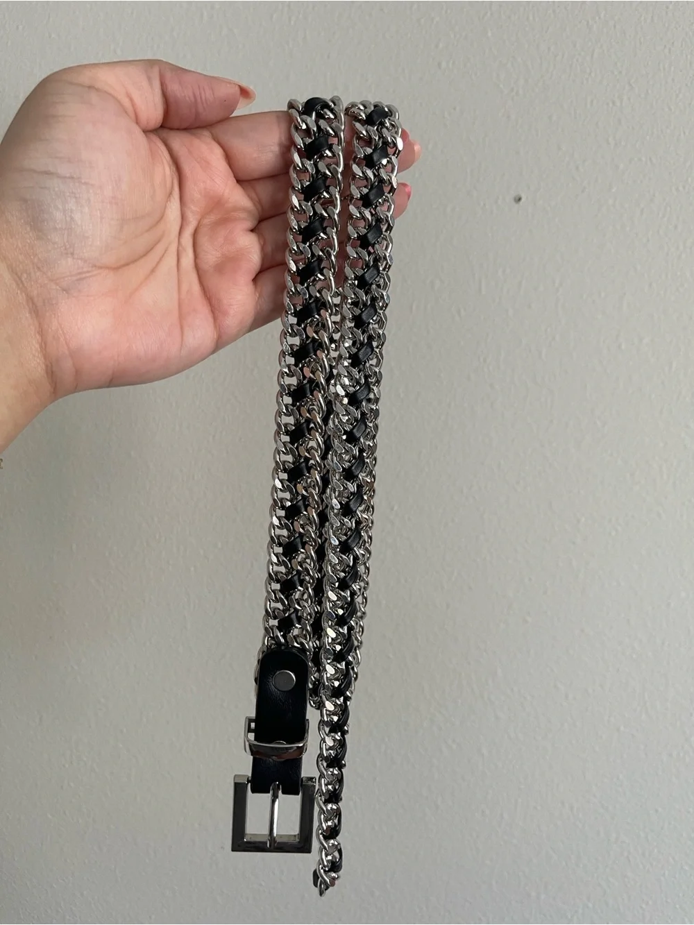 Womens Silver Chain Link Belt with Black Leather Accent